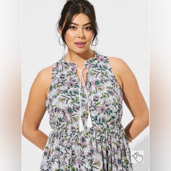 Midi Wash Gauze Chessie Linework Floral Tiered Dress - Picture 3 of 8